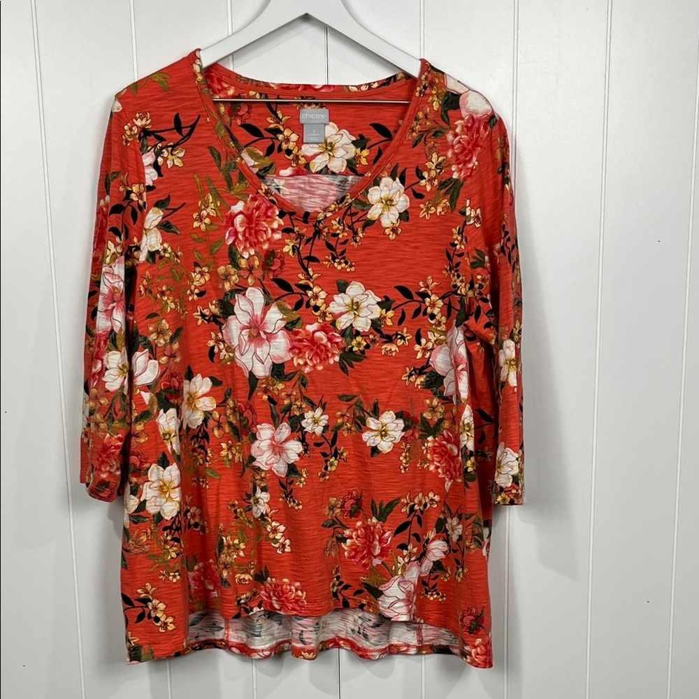 Chico's Womens Pullover Tunic 3 (XL) Orange Hibiscus Print 3/4 Sleeves Soft EUC